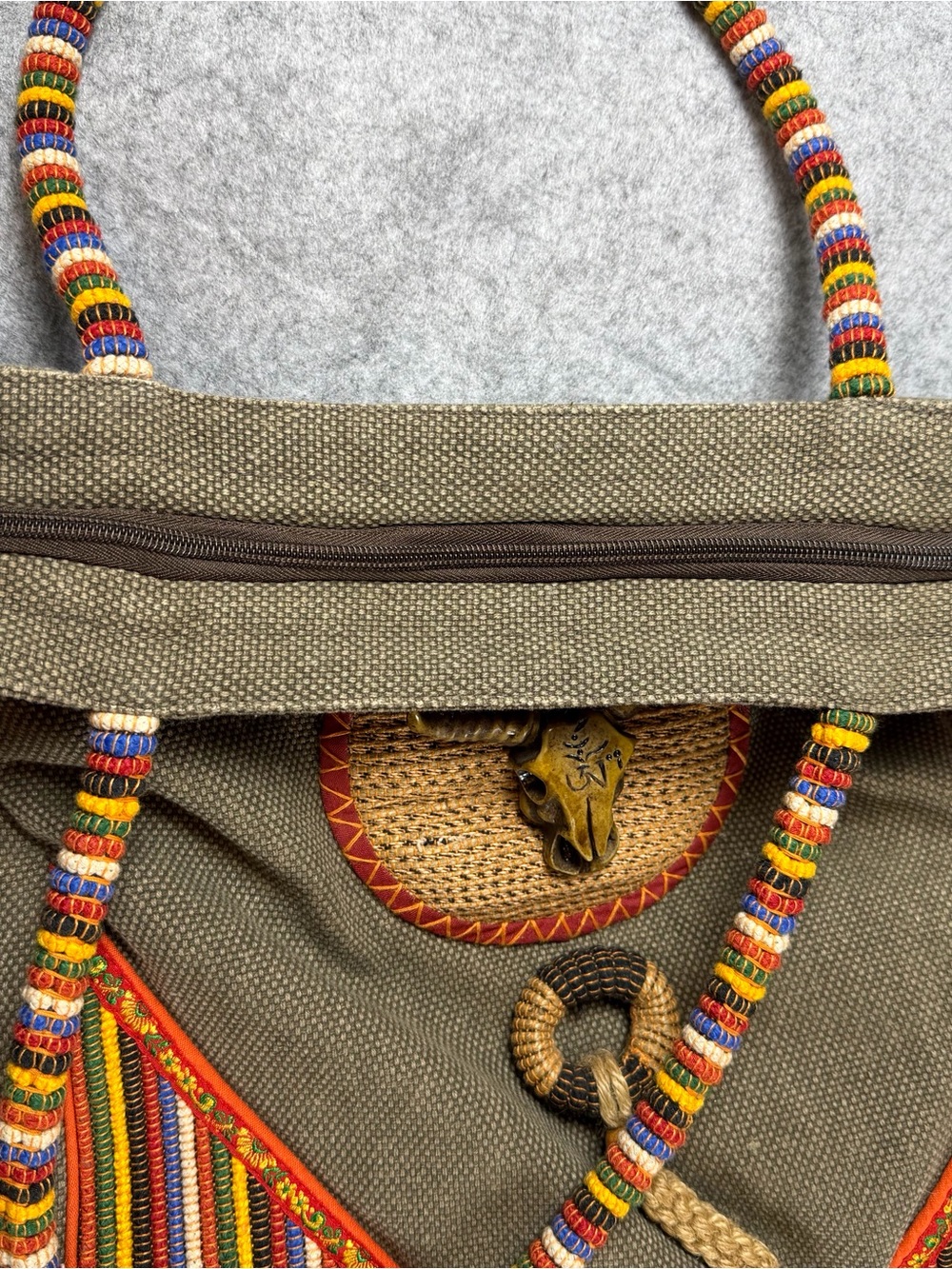 Bohemian Buddhist Inspired Hand Made Hemp Canvas Resin Yak Skull Om Symbol Tote - Picture 7 of 12